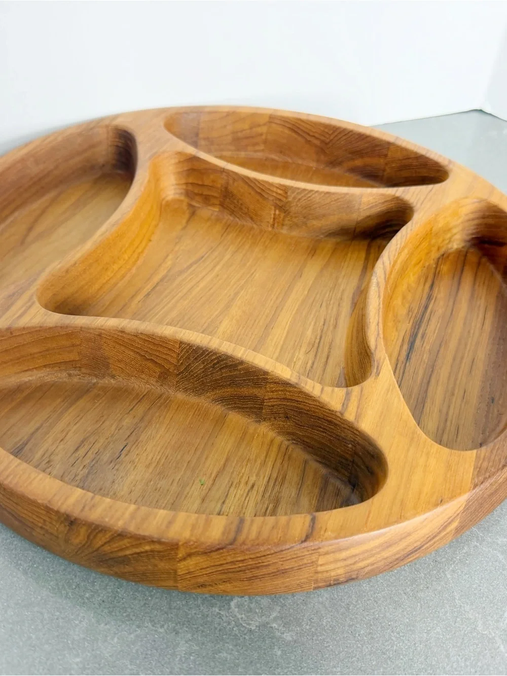 1960s Dansk Teak Wood Round Partitioned Chip Snack Dish Tray